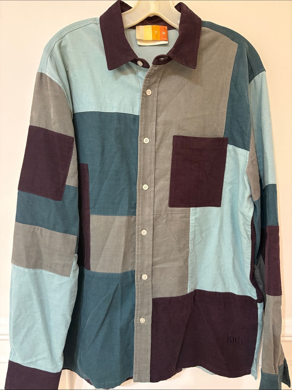 Kith Patchwork Corduroy Button-Down Shirt in Teal, Gray, Burgundy
